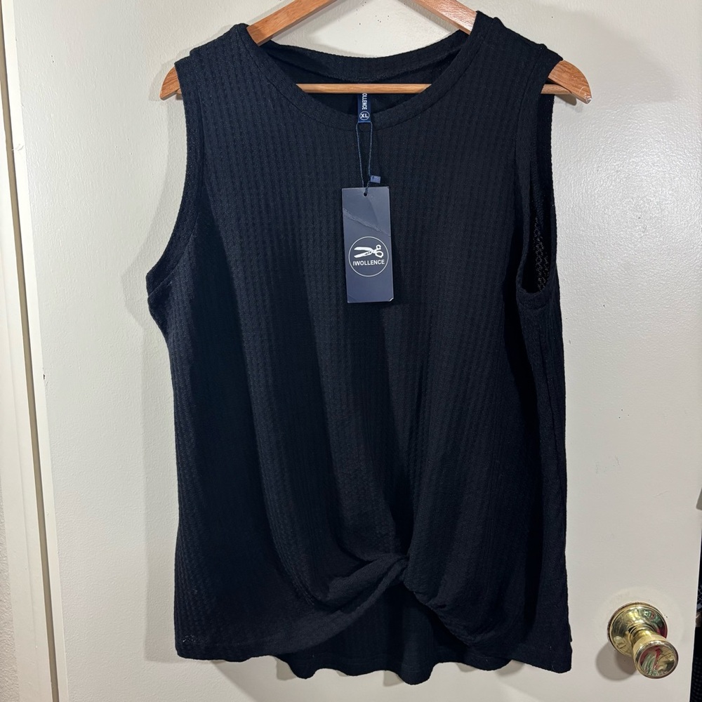 NEW Black Waffle Knit Knot Front Tank Top Size XL